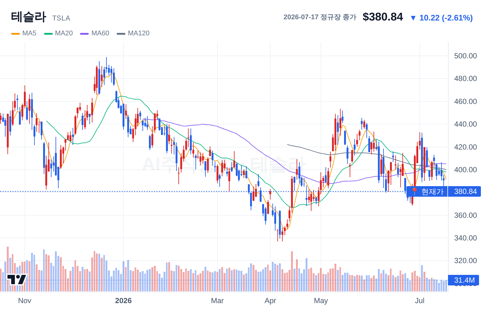 테슬라 (TSLA) 일봉 차트
