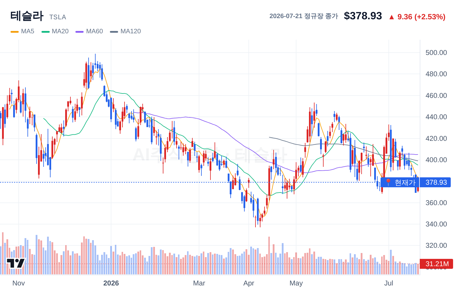테슬라 (TSLA) 일봉 차트