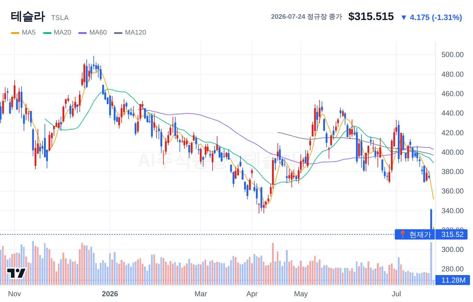 테슬라 (TSLA) 일봉 차트