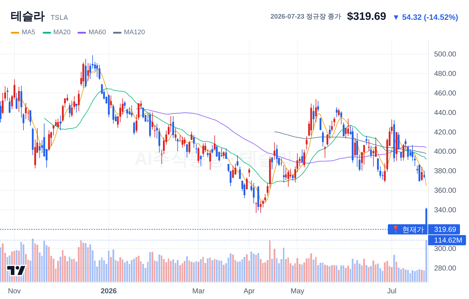 테슬라 (TSLA) 일봉 차트